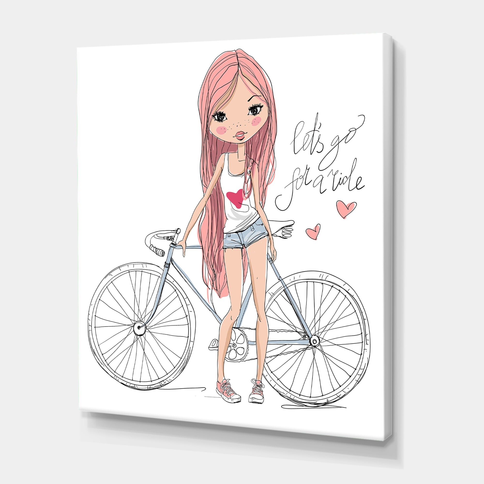 Designart ' Young Woman With Bicycle ' Children's Art Canvas Wall Art Print