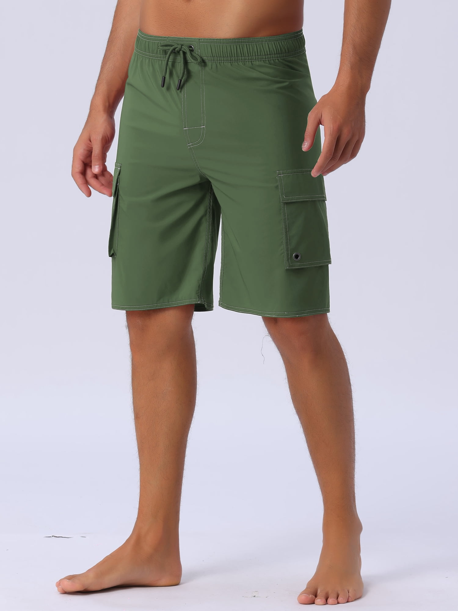 DARING DIVA Men's Solid Color Side Pockets Lining Summer Board Shorts 30 Olive Green