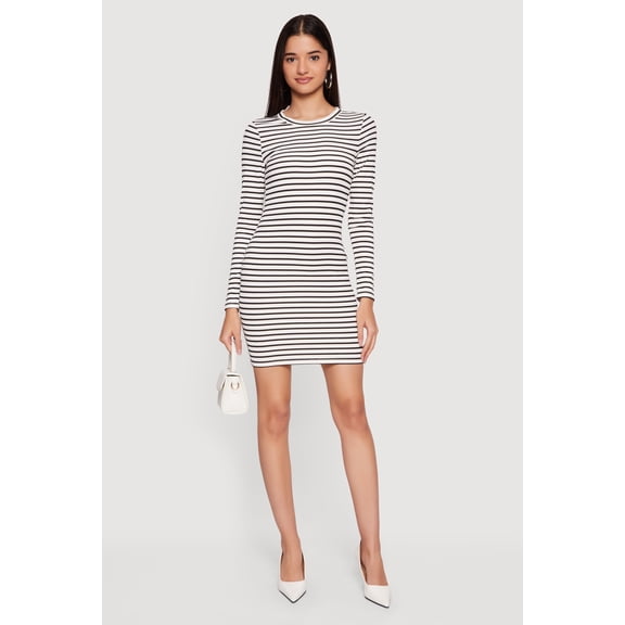 Women's Striped Long Sleeve Ribbed Knit Mini Dress