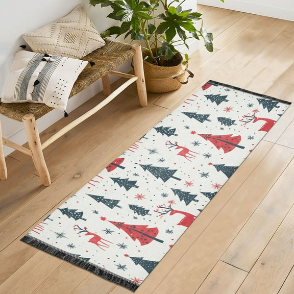 Ryvnso Christmas Tree Reindeer Bedroom Runner Rug 2'x6' Hallway Area Carpet Non Slip Entryway Mat with Tassels