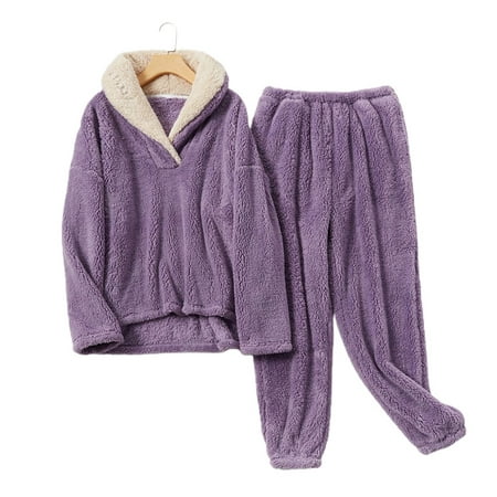 

Pajama Sets Woman Fluffy Pijama Suit with Pants Thick Warm Fleece Home Clothes