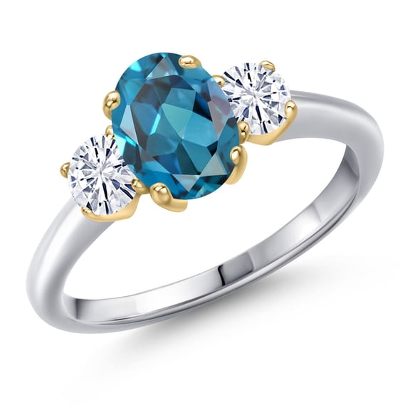 Gem Stone King 925 Silver and 10K Yellow Gold London Blue Topaz and White Moissanite Engagement Ring for Women | 1.96 Cttw | Oval 8X6MM | Gemstone November Birthstone | Size 9