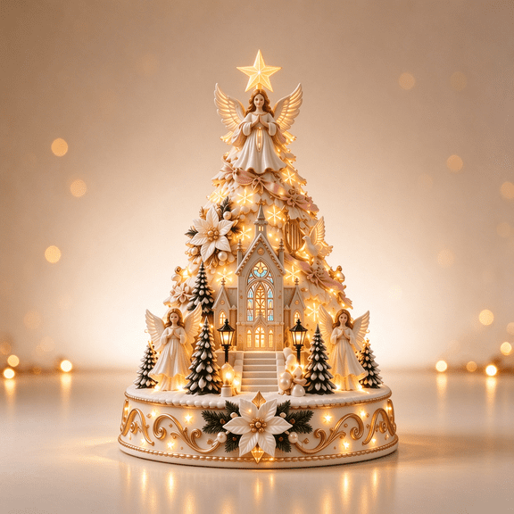 Christmas Village Lightscape Tree, Christmas Angel Village Lighted Centerpiece For Indoor Seasonal Home Display