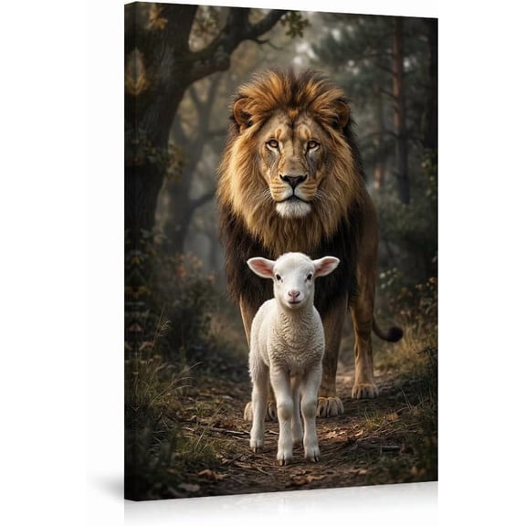 Lion and Lamb Canvas Wall Art Poster for Living Room Bedroom Home Decor - Majestic Animal Wildlife Pictures Artwork - Peaceful Harmony Inspirational Wall Decor