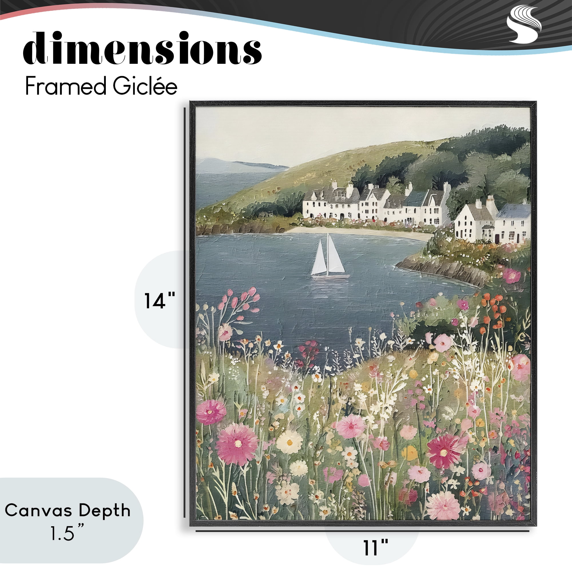 Stupell Industries Clifftop Meadow & Sailboat Black Framed Giclee Art, design by Riley B