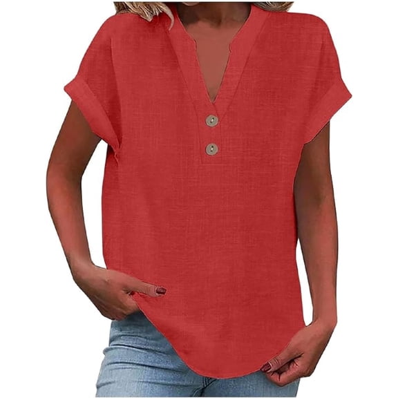 Aricy Womens Summer Top Plus Size Cotton Linen Shirts Fashion Casual Solid Buttons V Neck Short Sleeve Tunic Blouse Trendy Loose Fit T Shirts Work Tops