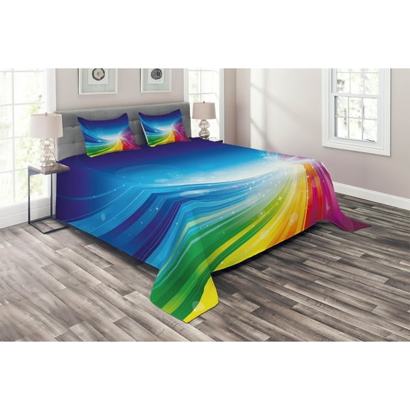 Ambesonne Colorful Quilted Coverlet 3 Pcs, Wavy Funky Pop Art, Queen Size, Multicolor