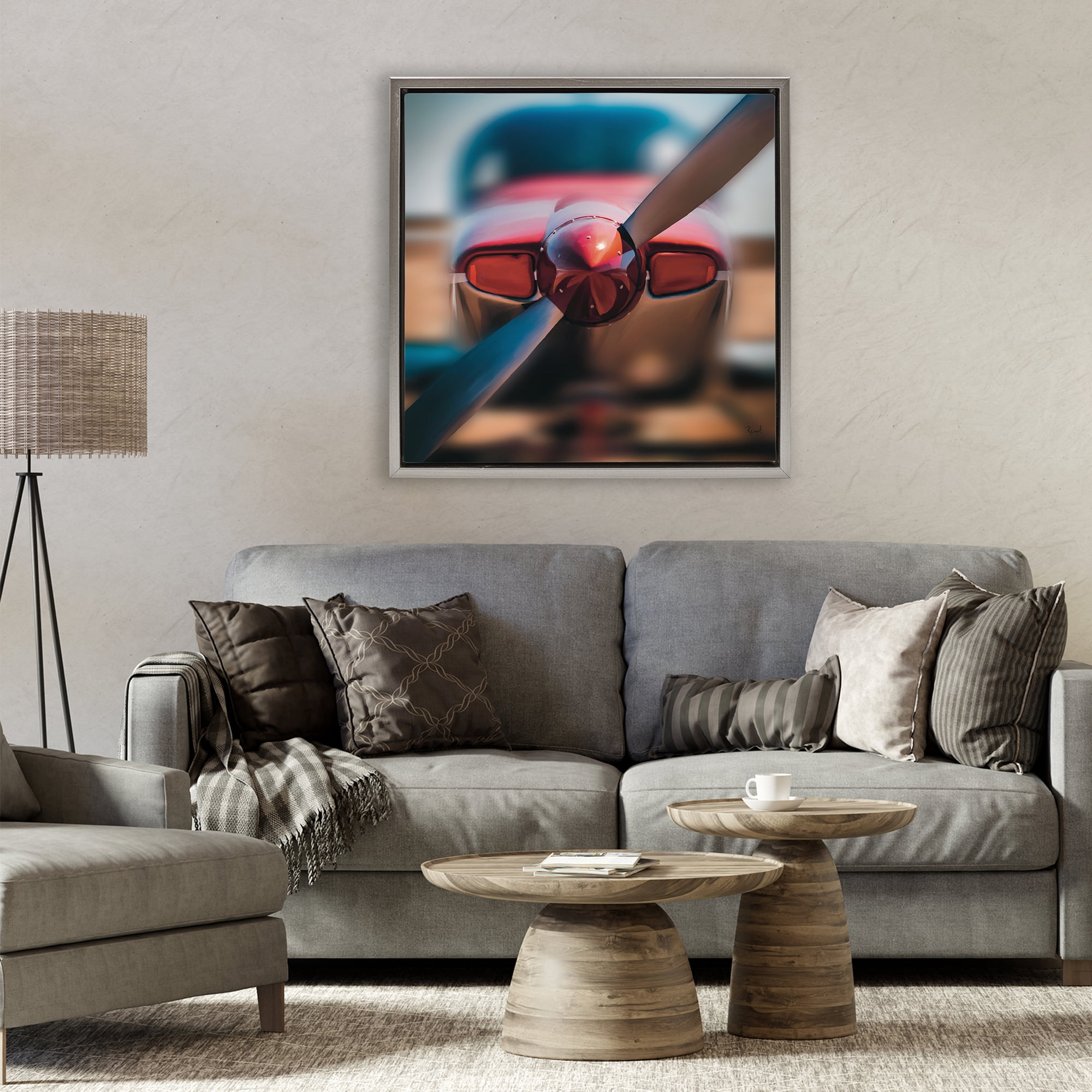 Stupell Industries Red Aircraft Propeller Gray Framed Floater Canvas Wall Art, design by Renel Peters