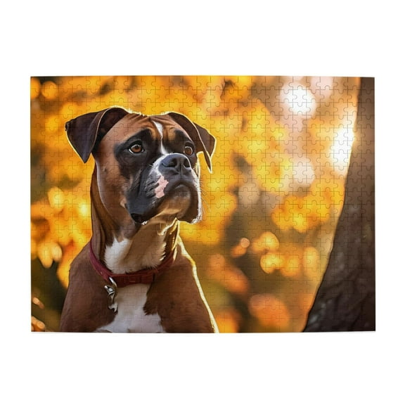 500-Piece Wooden Jigsaw Puzzle for Adults - Boxer Dog Autumn Leaves , Interlocking Pieces with Guide Letters, Holiday Gift & Home Decor