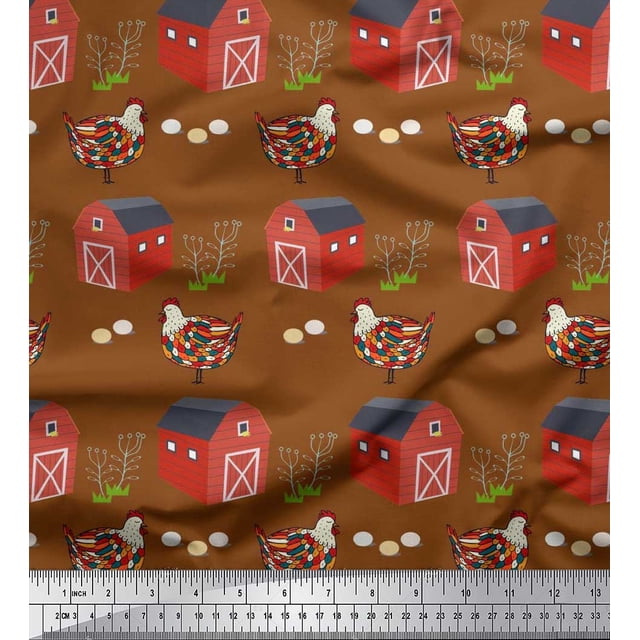 Soimoi Poly Georgette Fabric Hut,Egg & Hen Farm Decor Fabric Printed Yard 52 Inch Wide