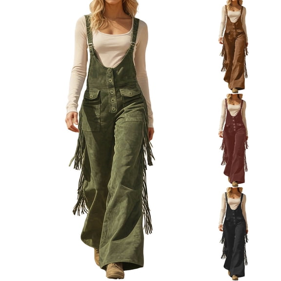 CAIXIA Rompers for Women S-uede Fringe Cowgirl Jumpsuits Country Concert Outfit Western High Waisted Romper Vintage Cargo Overalls