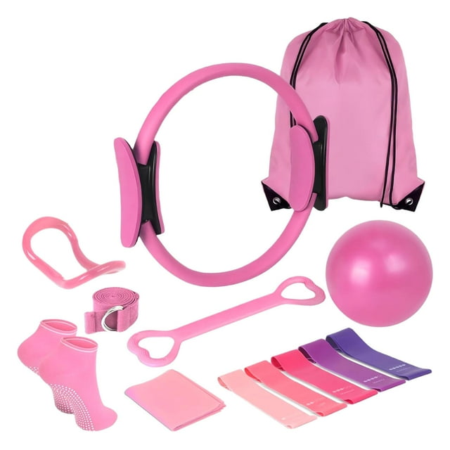 13 piezas Pilates Circle Set Bandas de resistencia con pelota versátil con anillo de de bolsas de almacenamiento para un ejercicio de muslo Rosa