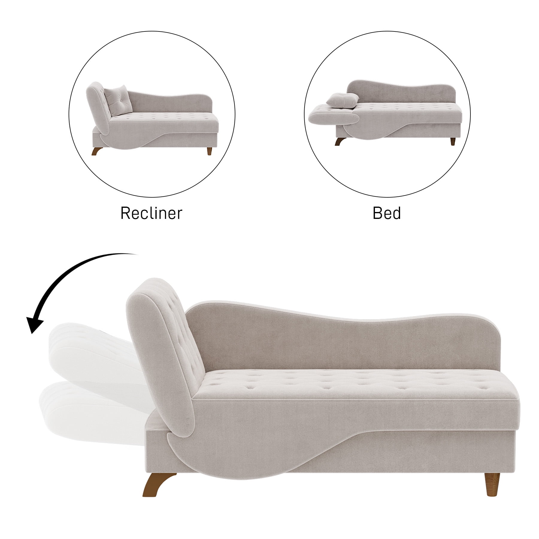 Wiilayok Chaise Lounge Chair Indoor Furniture with Storage Pillow,Adjustable Recling Sleeper Sofa Lounge Chair,Velvet Futon Sofa Couch Bed for Living Room Bedroom,Gray