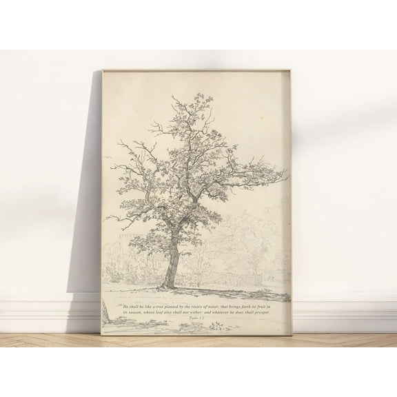 Psalm 1:3 He Shall Be Like A Tree Bible Verse Wall Art, Christian Vintage Landscape Drawing Religious Scripture Quote Poster Print Wall Art, Modern Wall Decor, 8x12 UNFRAMED