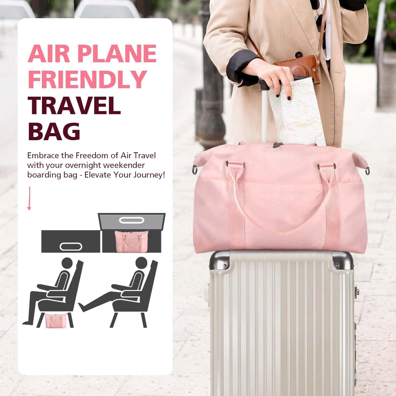 Kwuty TOPBAG Travel Duffle Bag, Waterproof Weekender Carry On Tote Bags for Women, Sport Gym Bag for Men, Hospital Bag for Labor and Delivery, Overnight Luggage Bag with Trolley Sleeve Coral Pink