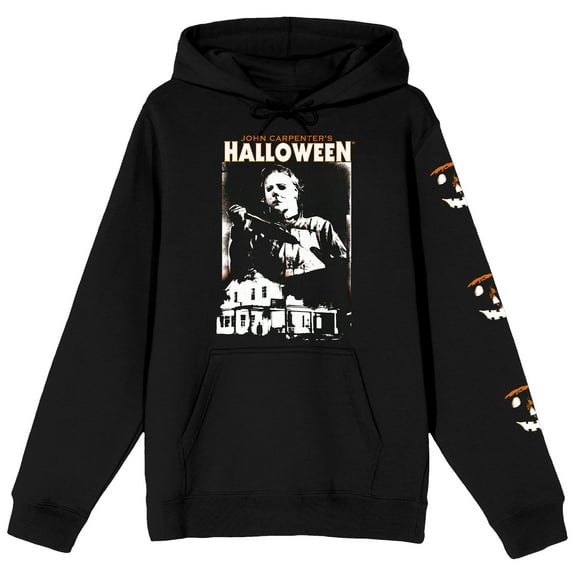 John Carpenter's Halloween Knife & Jack-o'-Lantern Faces Long Sleeve Black Adult Hooded Sweatshirt-Large