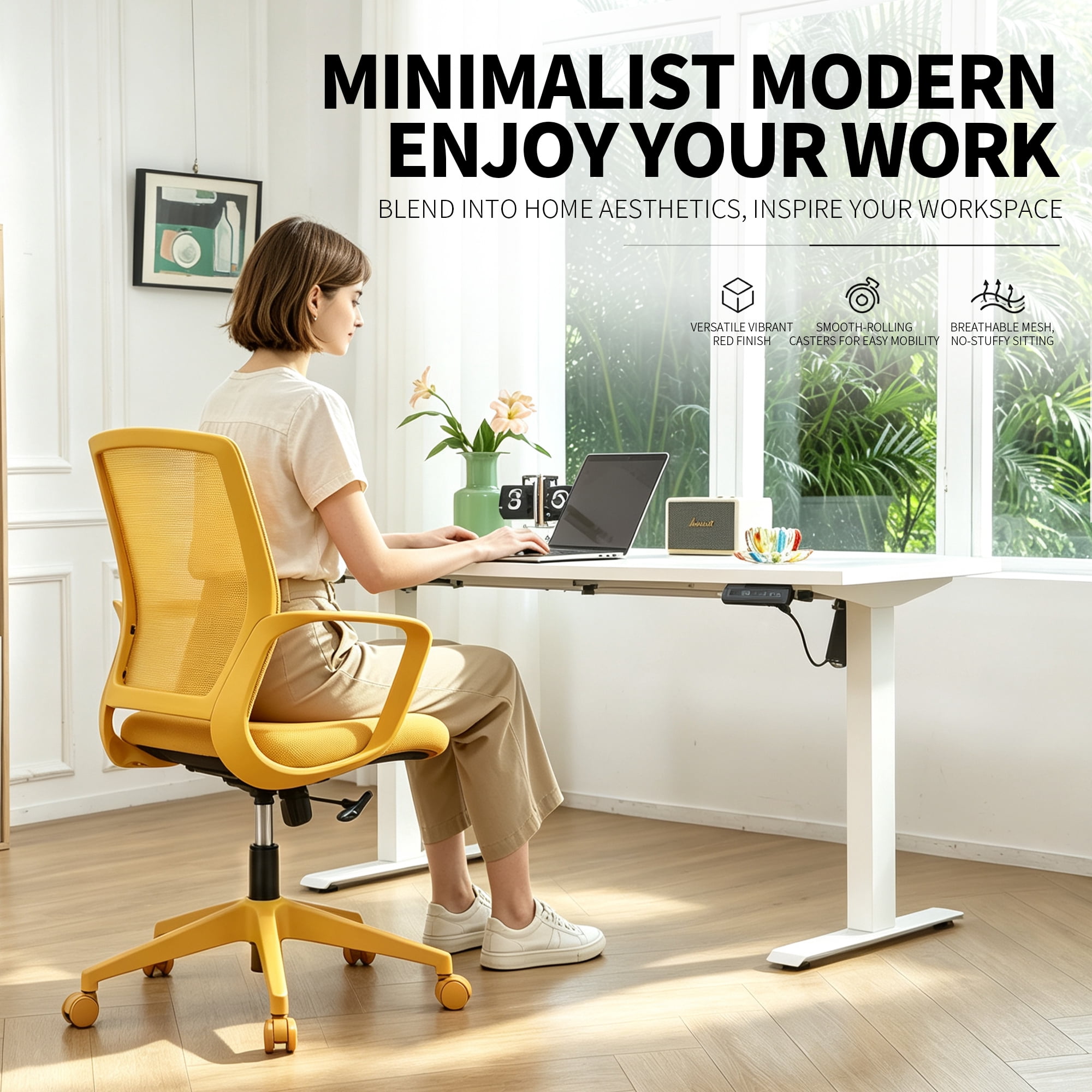 Colorful Office Task Chair 350LBS, Home Office, Mesh Back,Comfortable Sitting, Fixed Armrest, Swivel, Height Adjustable Chair (Yellow)