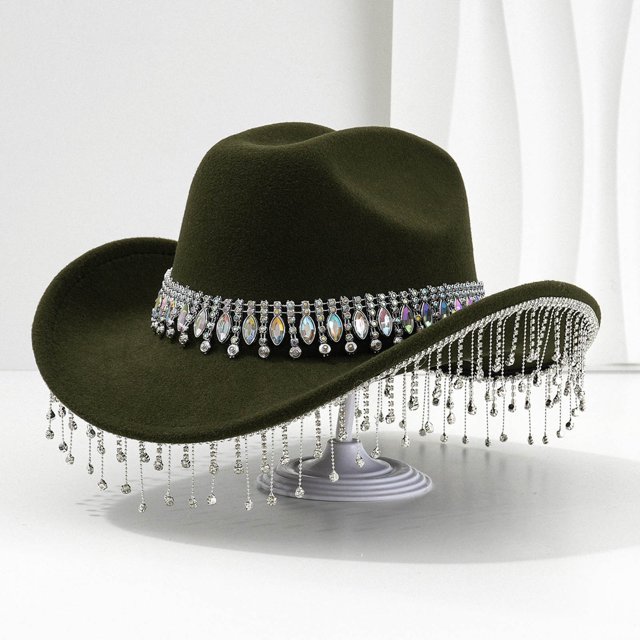 TINZ Stylish Cowboy Hat For Women And Men Western Hat With Large Round Gemstone Fringe Rhinestone Decorations For Parties And Events Cowboy Hat Party Necklace Cowboy Hat