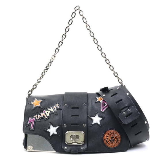 Pre-Owned Versace 2-Way Shoulder Bag in Black, Multicolored Leather, and Silver (e60735a)