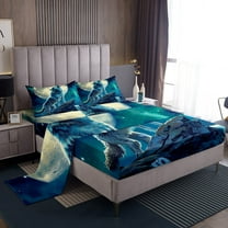 Erosebridal Galaxy Wolf Sheets Queen Adults,Moon Starry Sky Sheet Set Trippy Room Decor,Animal Bedding Set Safari Hunting Wolf Fitted Sheet