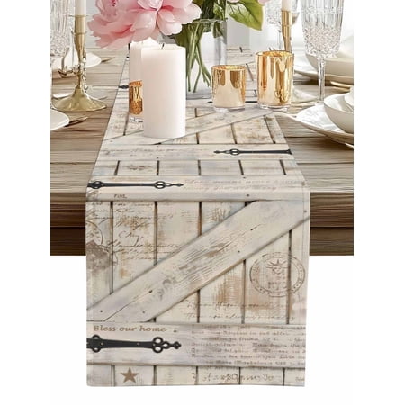 Table Runner Barn Gate Table Runners Farmhouse Wood Grain Walls Door Cotton Linen Dresser Scarf Kitchen Dining Table Decor for Home Dinner Party Decor 13x90 Inch