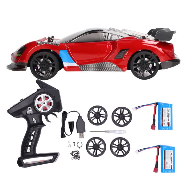 Coche de carreras RC de alta velocidad 1/16 eléctrico 4WD Drive Flat Running Drift Car 2,4 Ghz para niños mayores de 14 años rojo 2 uds batería