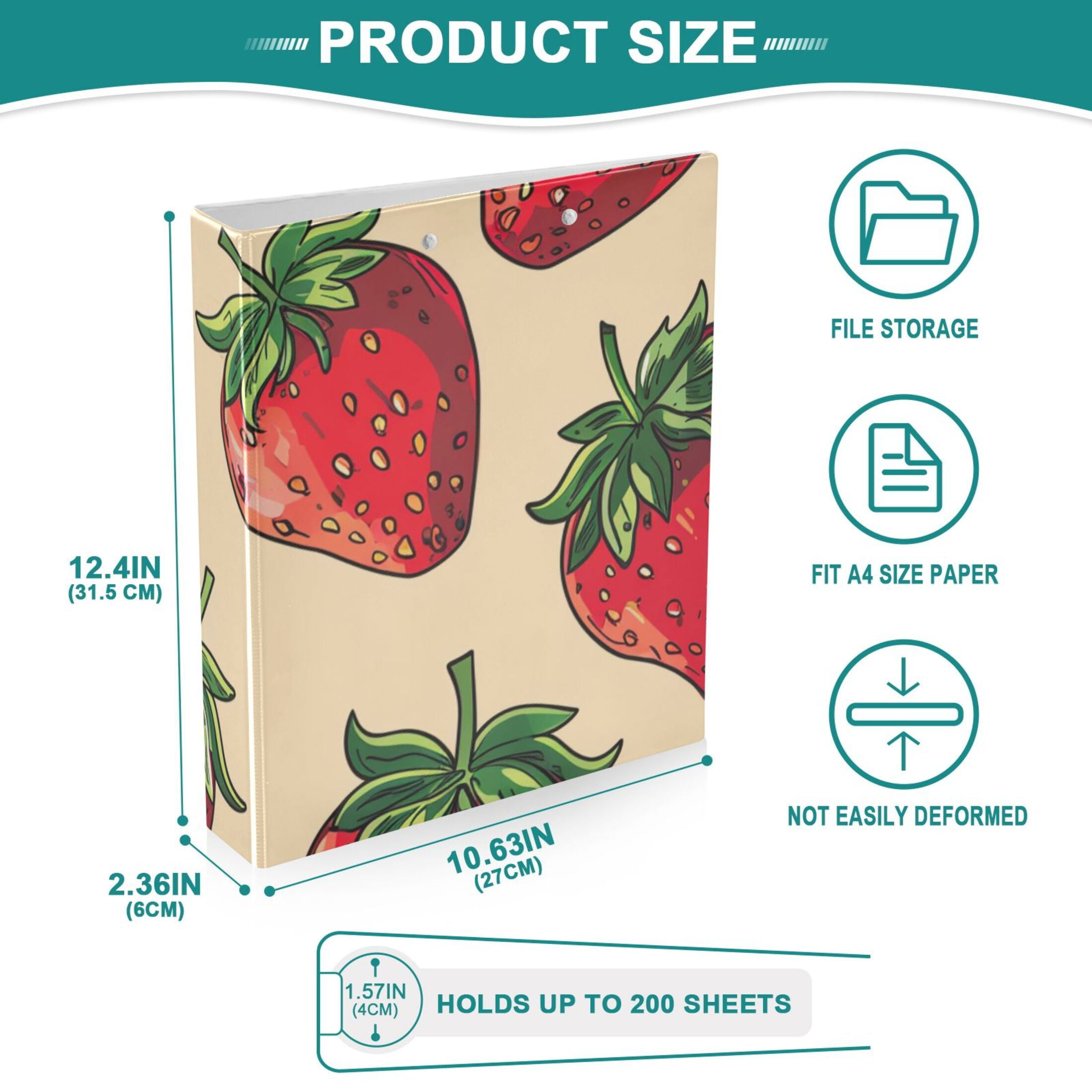 Many Strawberries 3 Ring Binders 1.5 inch Hardcover File Folders with Interior Pockets A4 Size Organizer for School Office Hospital