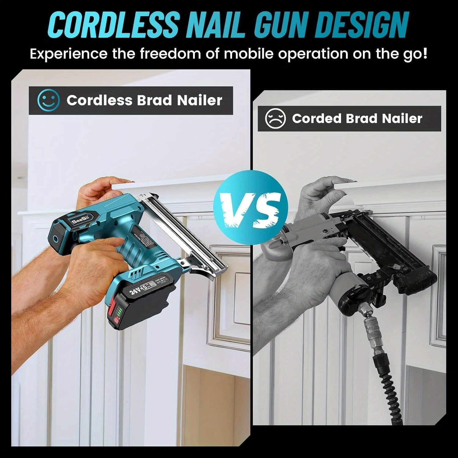 SEESII Cordless Nail Gun 18G Brad Nailer, 2-in-1 Electric Stapler, 2x2.0Ah Battery, 1000 Brad Nails