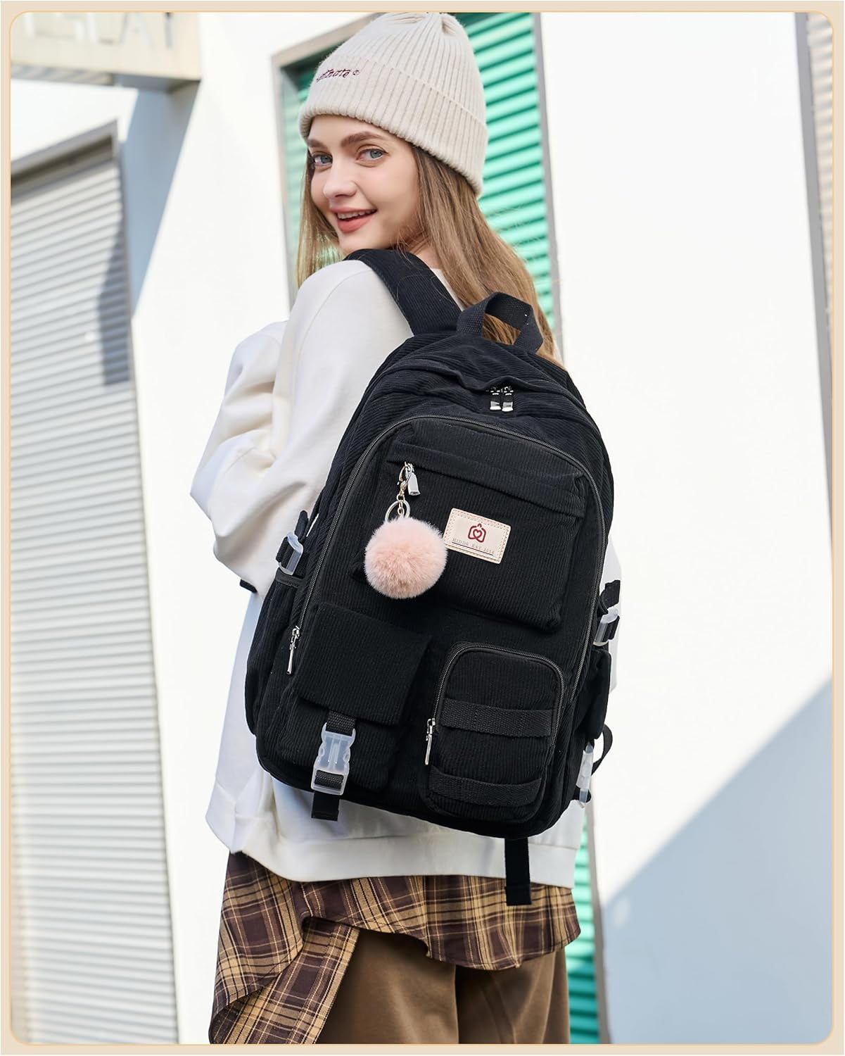 AO ALI VICTORY School Backpack for Teens Girls Women 15.6 Inch Laptop College Backpacks Corduroy Work Bag Kids Elementary Middle High Campus Bookbag Students Pack Travel Daypack Womens（Black）