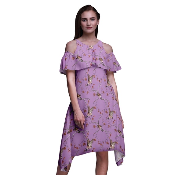Bimba Bird Print Cold Shoulder Women Swing Tunic Flutter Sleeve Midi Dress-X-Small