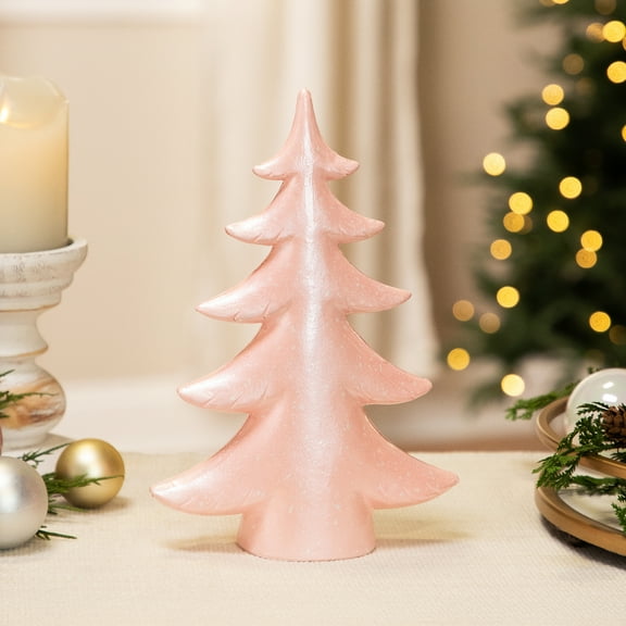 Snowy Shiny Christmas Tree Tabletop Decoration - 10" - Light Pink