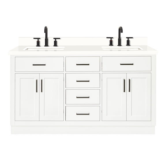 DKB Isabella 60" White Double Bathroom Vanity with Sink, 1.5" Edge Pure White Quartz Countertop, Rectangular Sinks, 4 Soft Closing Doors, 4 Full Extension Dovetail Drawers