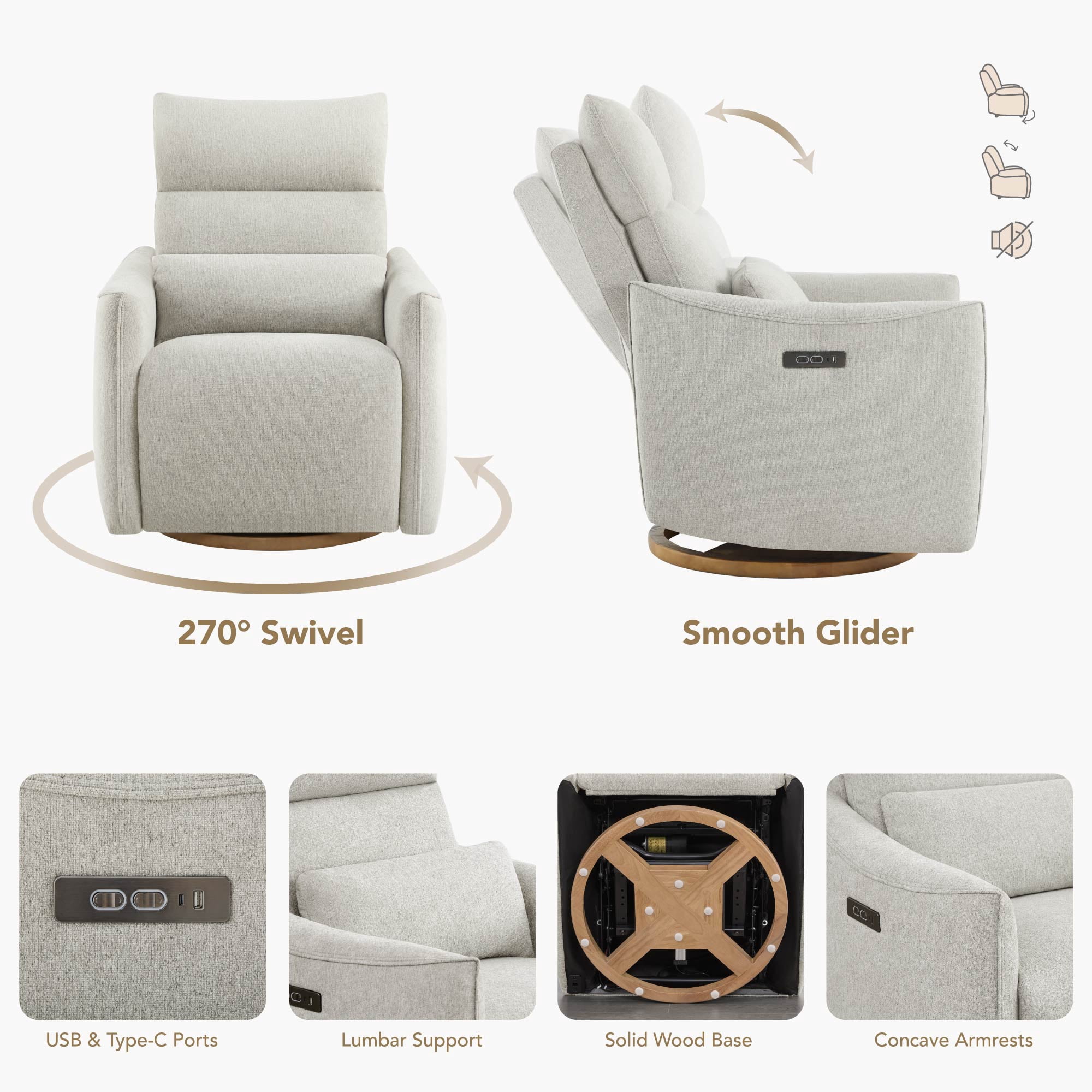 Spruce & Spring Dual-Motor Power Swivel Recliner with Lumbar Pillow for Nursery & Living Room, Dove Gray