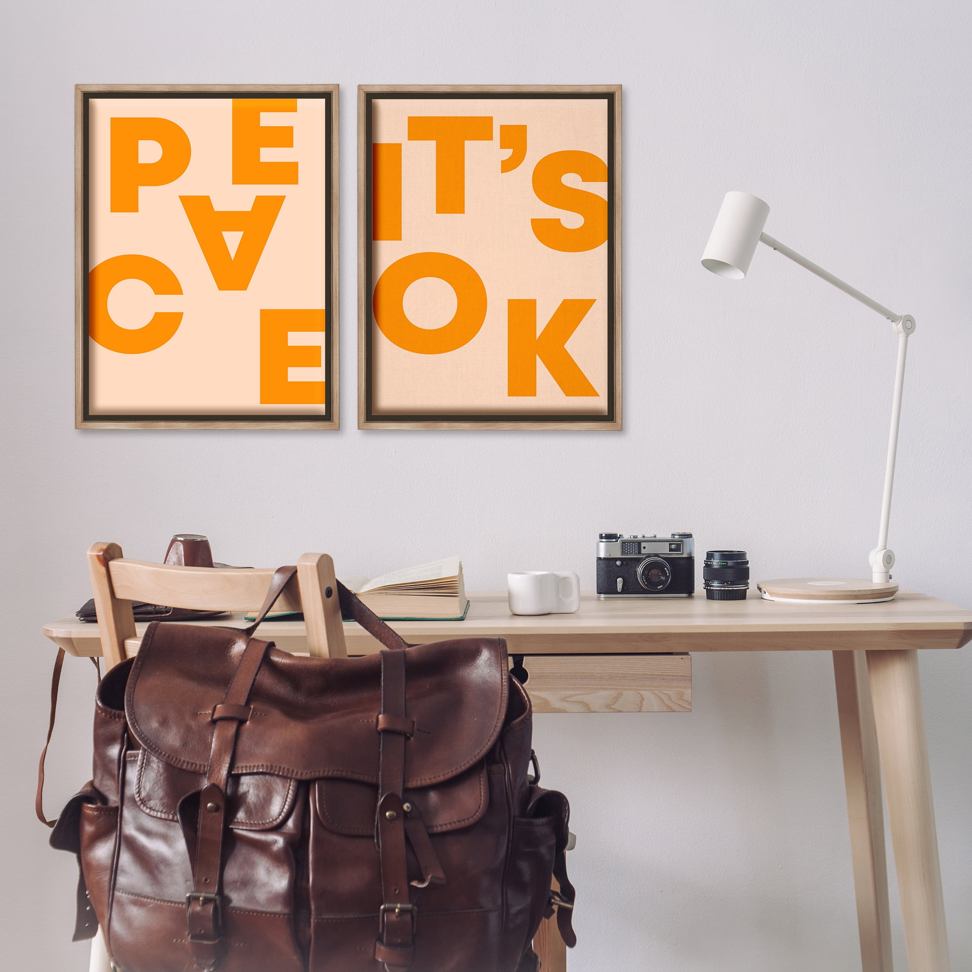 Stupell Industries Peace It's Ok Orange Text & Numbers Painting Brown Floater Framed Canvas Art Print Wall Art, 21 x 31, Set of 2