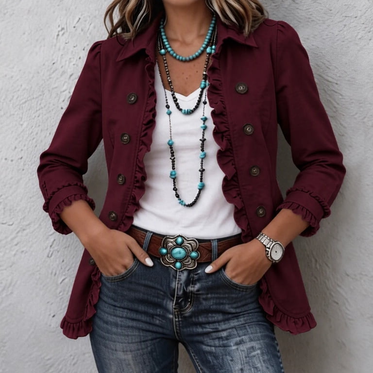 Treluxia Women Ruffle Jacket Lapel Collar Button Front 3/4 Sleeves for ...