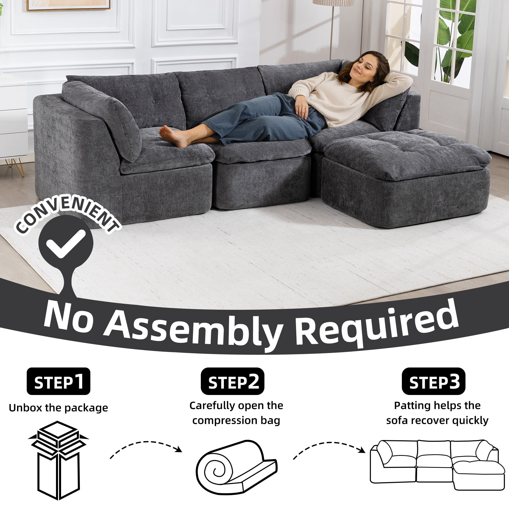 DEALTOPS 111" Modular Sectional Sofa with Ottoman, 4-Seat Convertible Chenille Cloud Couch, Dark Gray