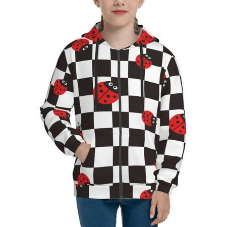 

Hoodies for Women Ladybugs Of Black And White Checkers Long Sleeve Sweatshirt Drawstring Zip Up Hoodie with Pockets Teen Girl Clothes