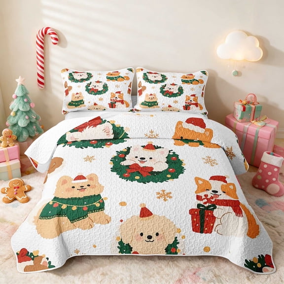 Manfei Dog Twin Quilt Set Christmas Twin Coverlet Set, Pink Green 2-Piece 1 Bedspread and 1 Pillowcase