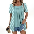 thumbnail image 2 of Olyvenn Fashion Women's Fake Two-Piece Short Sleeve Tops Polka Dot Flat Collar Long Hemline Tops V-Neck Short Sleeve Shirts Light Blue L, 2 of 7