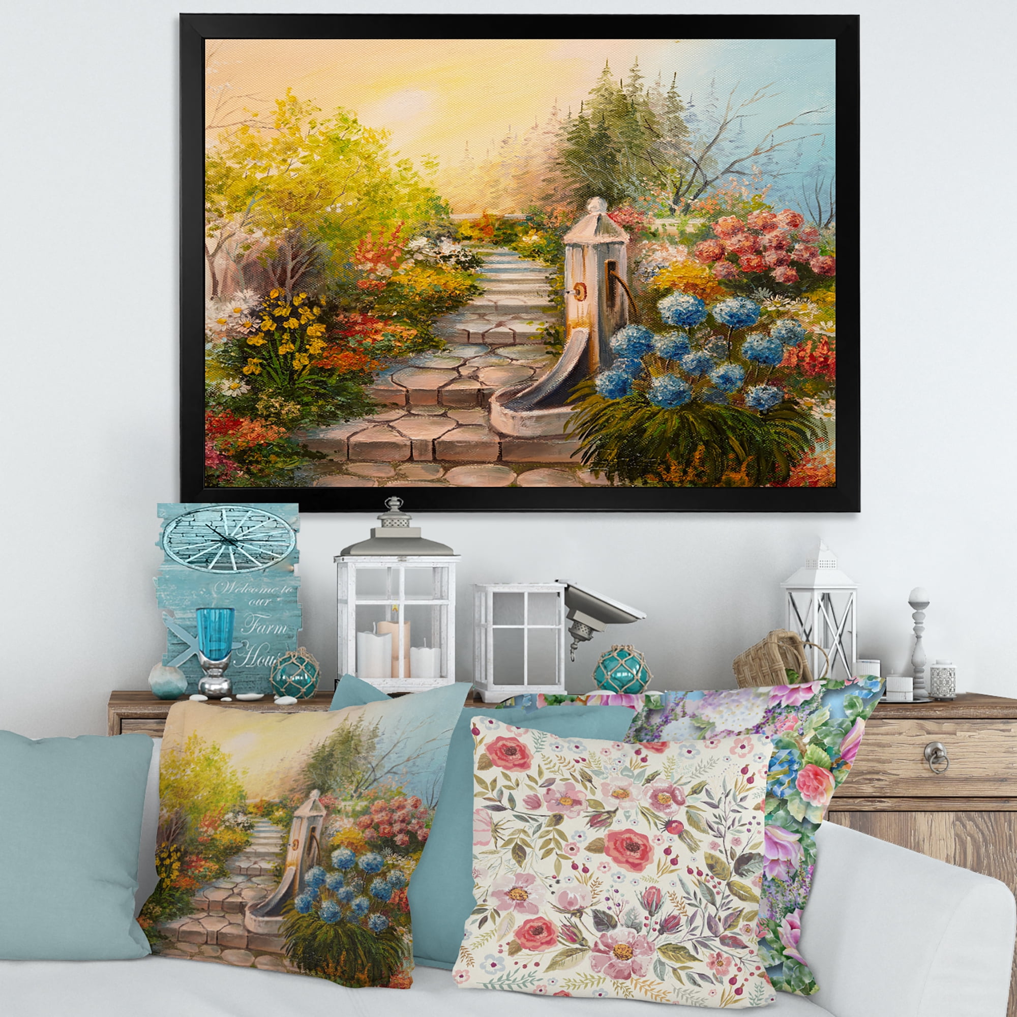 Designart 'Stone Stairs In The Blossoming Flowers Forest' Traditional Framed Art Print