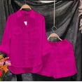 thumbnail image 4 of Conjunto de camisa de manga larga y pantalones cortos para mujer, ropa informal de lino y algodón, Color liso, verano, 2 piezas, 4 of 5