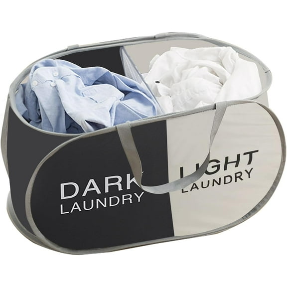 Dual Compartment Laundry Hamper with Handles, Collapsible Laundry Baskets 2-Section, Dark/Light Labeled Storage Foldable Clothes Hamper for Laundry, Portable for Small Spaces, Apartment, Dorm