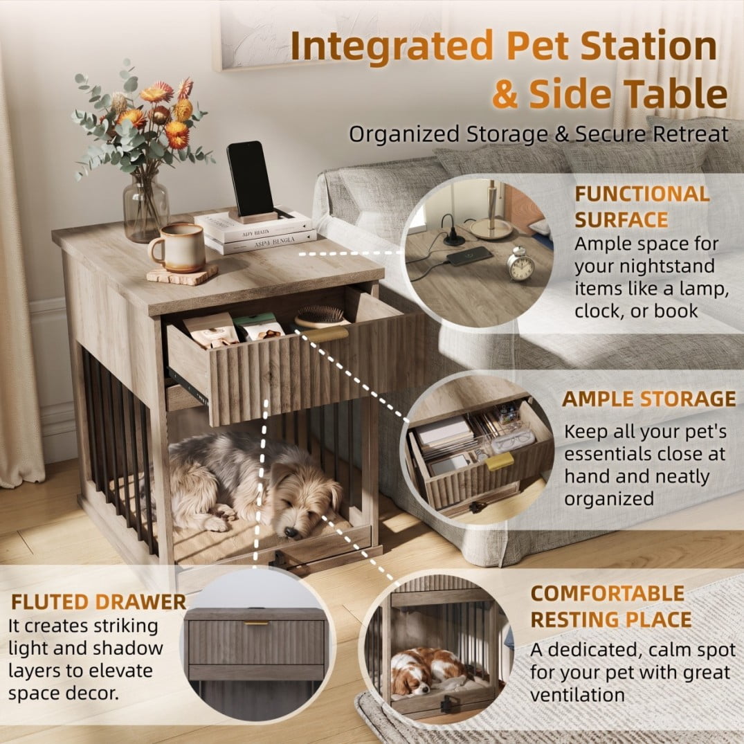 Dog Crate Furniture End Table with Charging Station, Wooden Kennel with Hideaway Tempered Glass Door, Storage Drawer, Indoor Pet House for Small & Medium Dogs, Antique Grey
