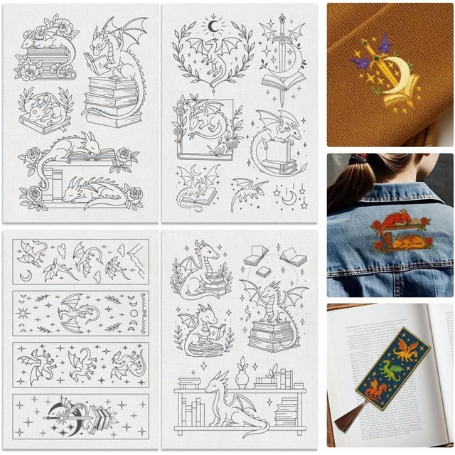 22Pcs Dragon Book Water Soluble Hand Sewing Stabilizers 8.3"x11.7" Dragon Bookmark Embroidery Pattern Stabilizer 4 Sheets Fantasy Star Stick and Stitch Embroidery Paper Sticker