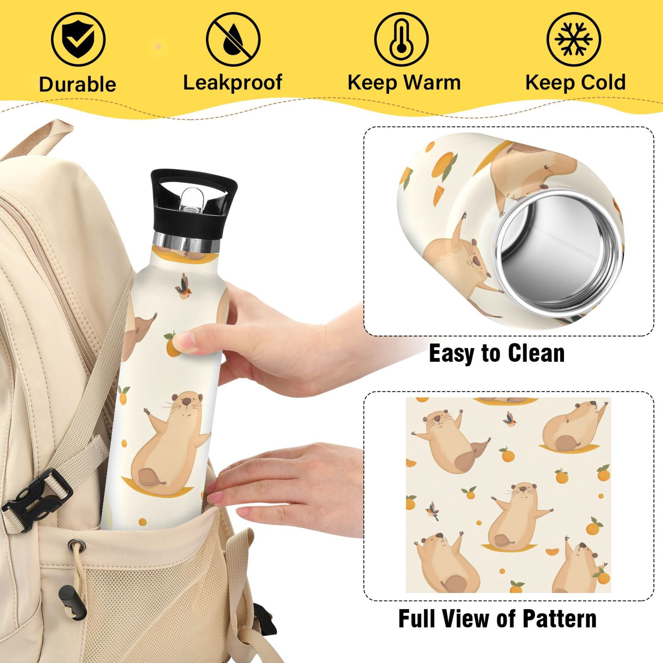 Kids Insulated Stainless Steel Sports Water Bottle 600ml (20oz) Cute Capybara Yoga Poses