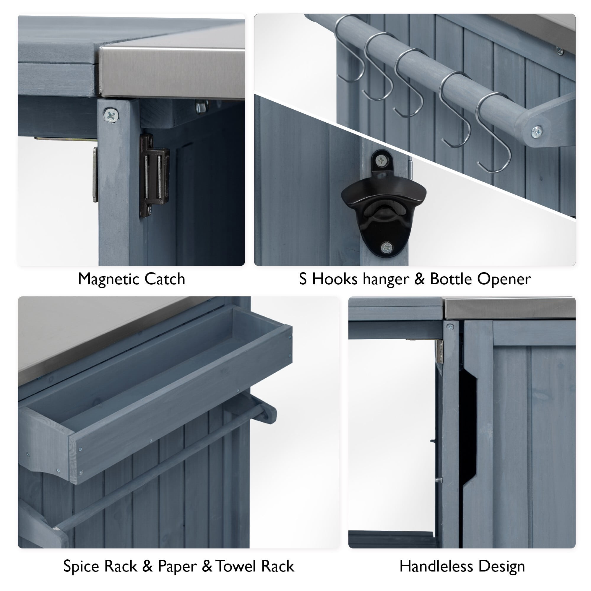 AENKYO 66.5" Outdoor Kitchen Island for Big Green Egg, Solid Wood Grill Cart with Stainless Steel Top, Gray Blue