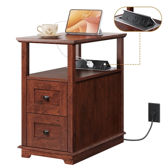 GALAXHERO Narrow End Table with Charging Station Wooden Side Table with 2 Drawers for Living Room, Bedroom, Small Space, Antique Cherry
