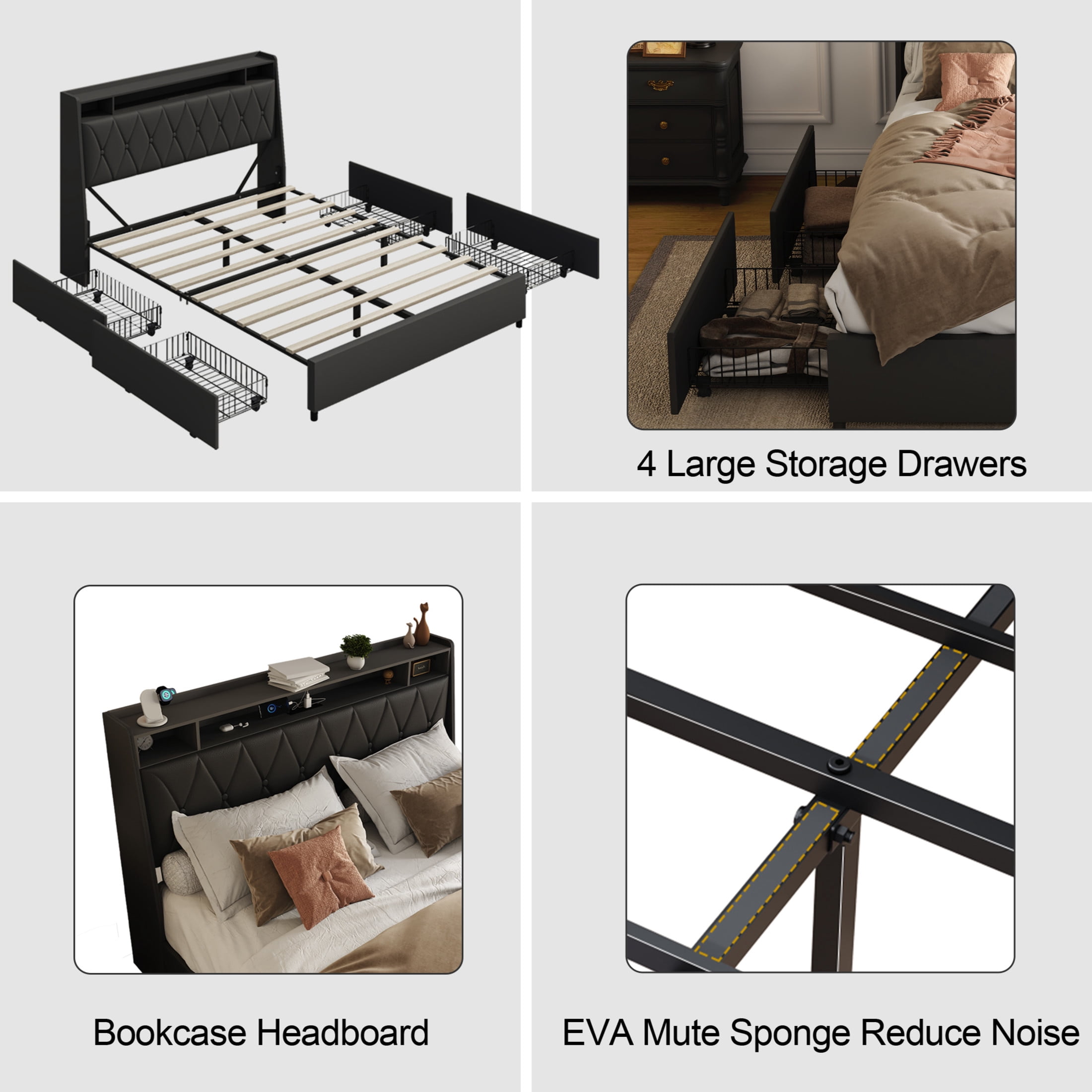 Noble House Lexair Full Size Bed Frame with Ergonomic Headboard, Built-in Outlets & Charger, Storage Shelf, Black