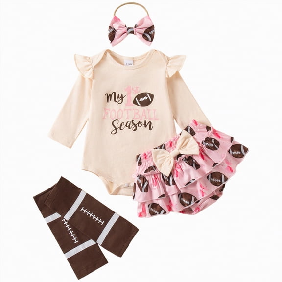 HCNTES Newborn Baby Girl Football Outfit Game Day Rugby Print Romper with Tulle Skirt Set Headband 3Pcs Cute Summer Clothes