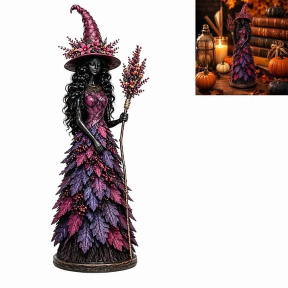 Enchanted Autumn Witch Figurine, Fall Witch Decor Halloween Tabletop Statue with Leaf Gown, Seasonal Resin Witch Statue, Fall Home Decor for Mantel and Shelf